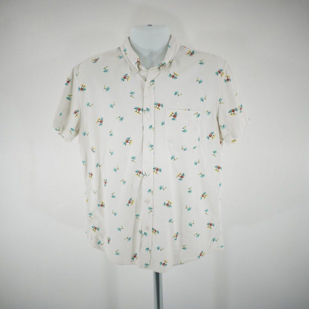 American Eagle Cream Palm Tree Seriously Soft Medium Short Sleeve‎ Button Down